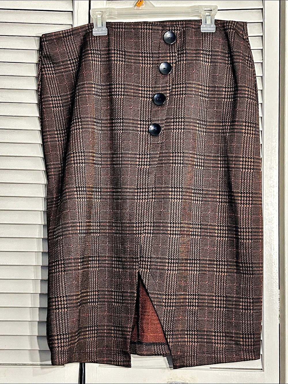 NWOT Dex Plaid Midi Pencil Skirt in Brown & Black Size Large- elastic waist